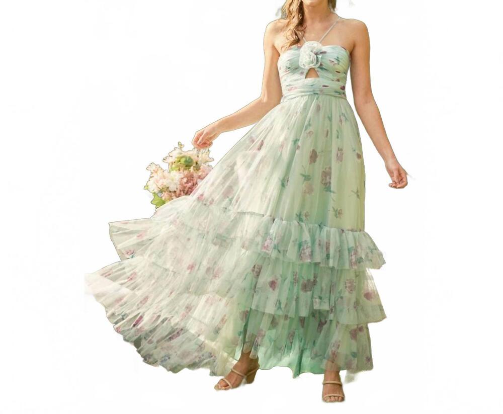 NEW INA FASHION rosette detail cut out tiered maxi dress in mint floral